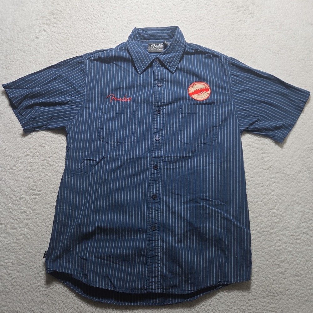 Fender By Di Vinci Short Sleeve Garage Button Up Shirt Medium Blue Embroidered